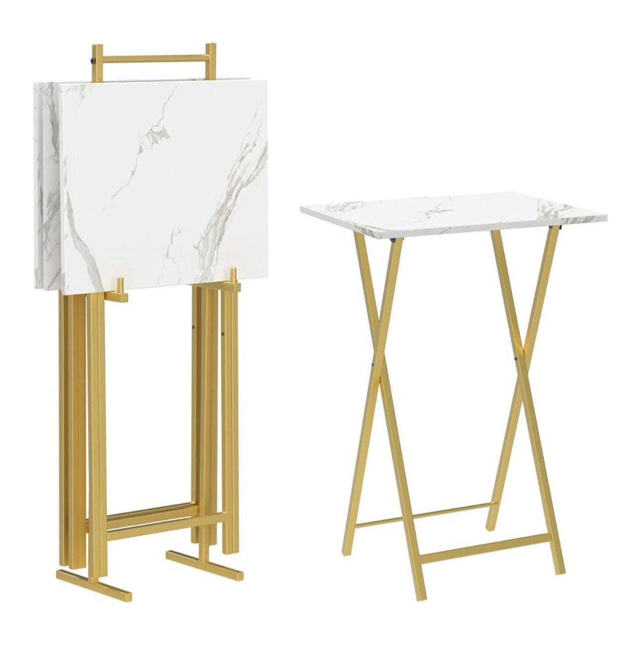 Folding TV Tray Tables, Set of 4 TV Trays with Storage Rack, Industrial Side Table for Eating at Couch, Foldable Snack Table for Small Space, Easy Ass