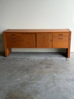 Danish Teak Low Credenza - Mid-Century Modern Sideboard with Drawers and Sliding Doors