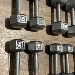 Beautiful Set Of Hex Cast Iron Dumbbells  In NEW CONDITION Total: 190 lbs