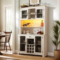 NEW Cabinet White with LED Lights and Outlets with Wine Bottle Rack, 70" Rustic Buffet Cabinet with Wine Bottle and Wine Glass Rack