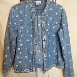 Coldwater Creek Cotton Denim Jacket W Floral Design Size Xl