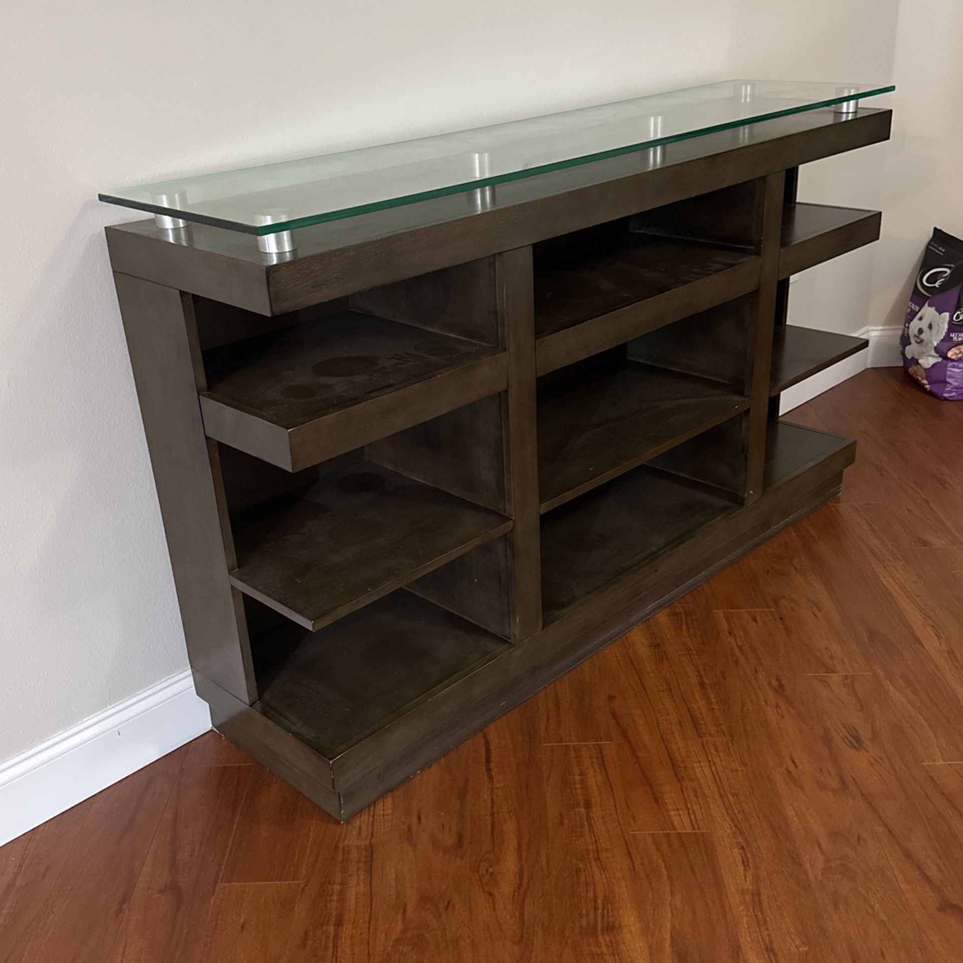 Dark Brown Wood And Glass TV Stand Media Console With 9 Shelves