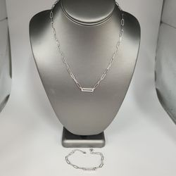925 Sterling Silver Paperclip Link Necklace & Bracelet Set with CZ Accents
