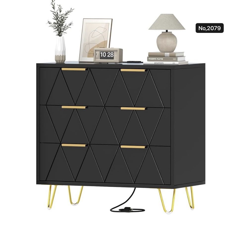 3 Drawer Wide Nightstand with Charging Station, 27.6 Inch Wood Nightstand, Dresser with Storage Drawers, Bedside Table with Metal Handle & Leg, Black