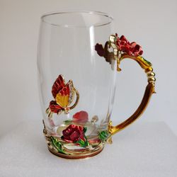 Glass 12 oz. Coffee Tea Cup Enamel Flowers Butterfly 3D Design, Beautiful!
