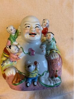 Vintage Chinese Happy Buddha Porcelain Figurine with Children 8” Hand Painted