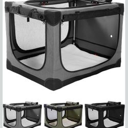 L gray 33 Inch Collapsible Travel Dog Crate for Medium Large Dogs,Portable Dog Crate 4-Door Foldable