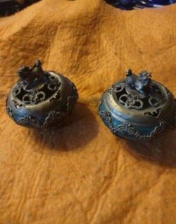 Two very rare hard to find collectible brass and jade foo dog incense burners will not separate