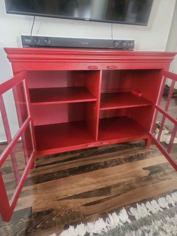 Red Cabinet With Glass Doors & Shelves