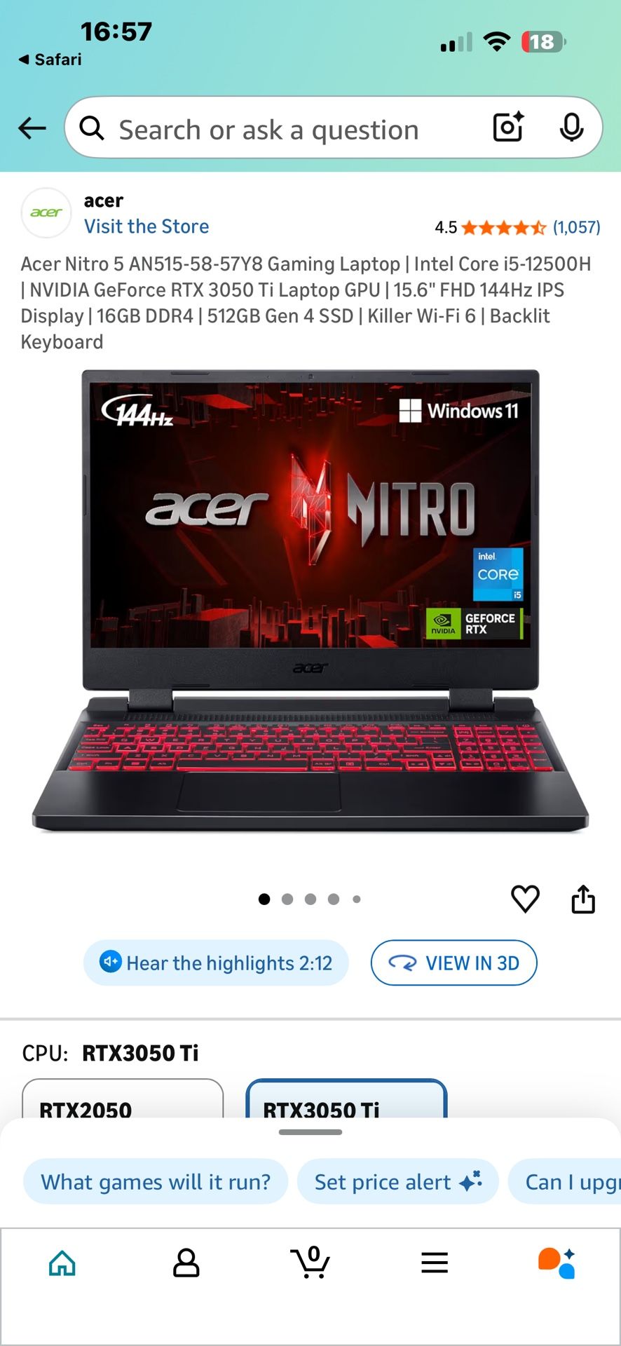 RTX 3050ti Acer Nitro 5 Gaming Laptop 