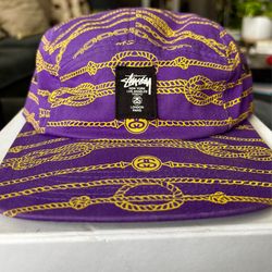 Stussy 5 Panel Camp Cap Purple Gold Chain Print Hat Streetwear Adjustable