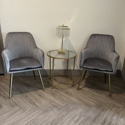 Velvet Accent Chairs + Gold Glass Table + Crystal Lamp (Full Set)