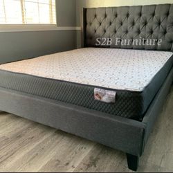 Queen Grey Tufted Bed With Ortho Mattress!