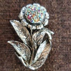 Vintage Silver Tone Flower Brooch Cluster Of Aurora Borelis Rhinestones
