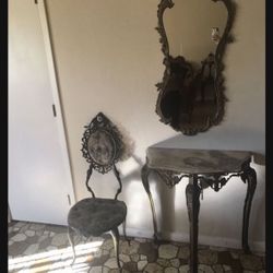 Carved Mirror, Iron Parlor Chair, Iron Carved  3 Legged  Marble Top Entry Table,