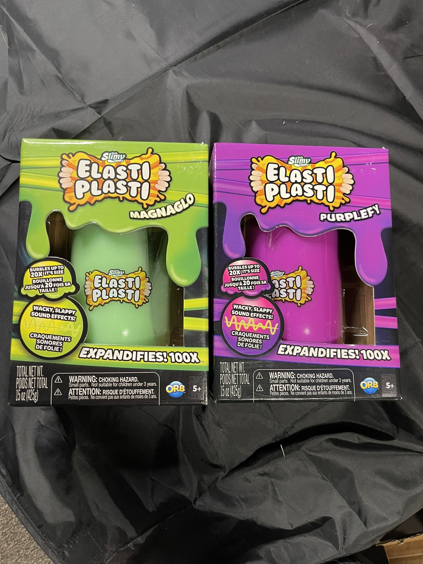 TWO Green & Purple Orb Slimy Elasti Plasti - NEW - Expandifies! 100X - two Large 15 OZ Size