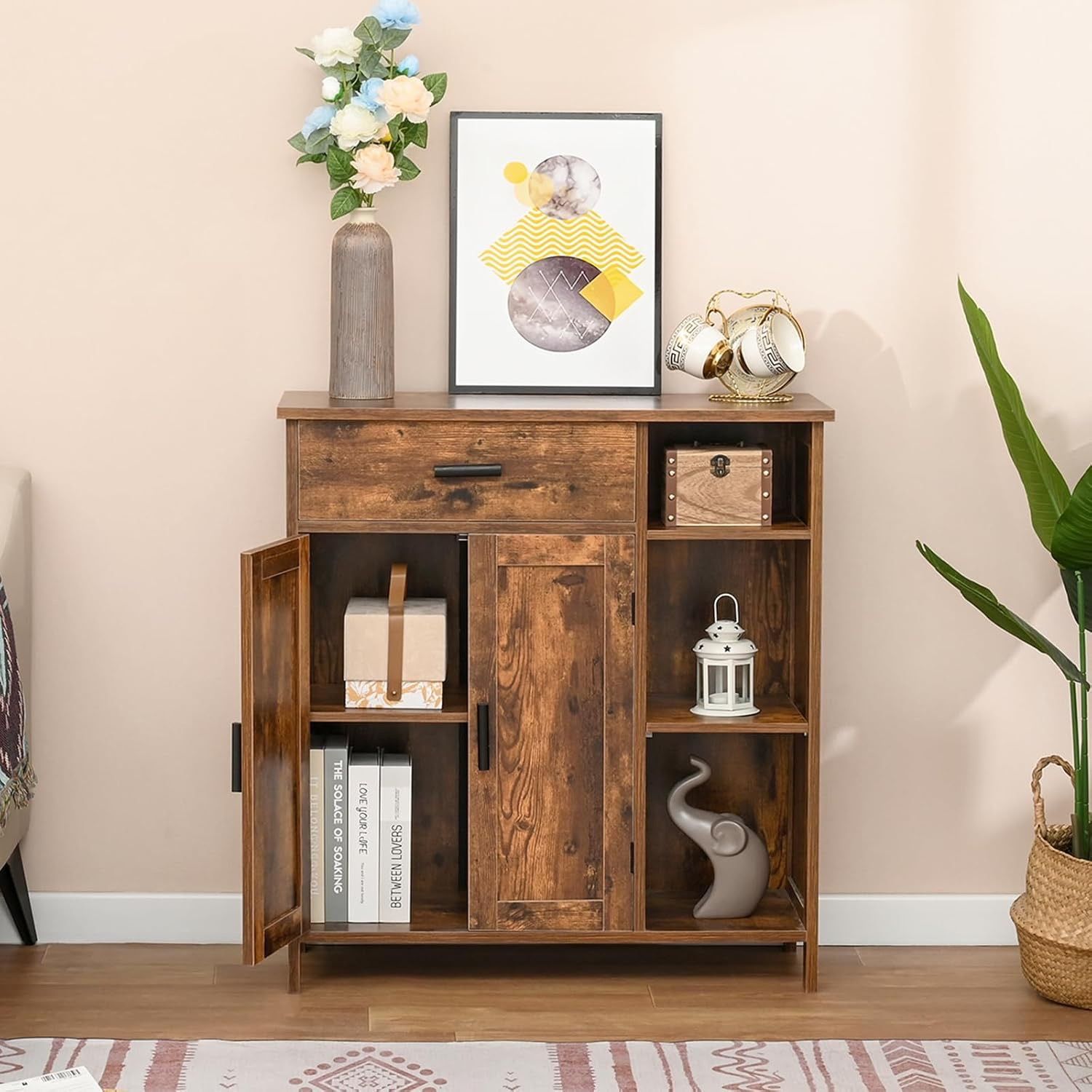 🥨WEENFON Storage Cabinet, Floor Cabinet with Doors and Shelves, Coffee Bar Cabinet with Drawer, Organizer Cabinet for Living Room, Dining Room, Rusti