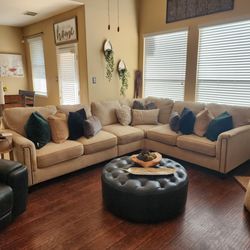Beige Fabric Sectional Sofa with Nailhead Trim