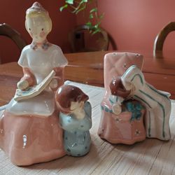 Antique Bed Time Story Figurines /Mother Reading Two Young Children