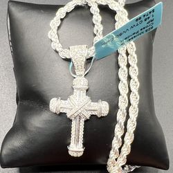 925 Sterling Silver 1.48CT Moissanite Cross Pendant rope chain Men’s Necklace size 22”