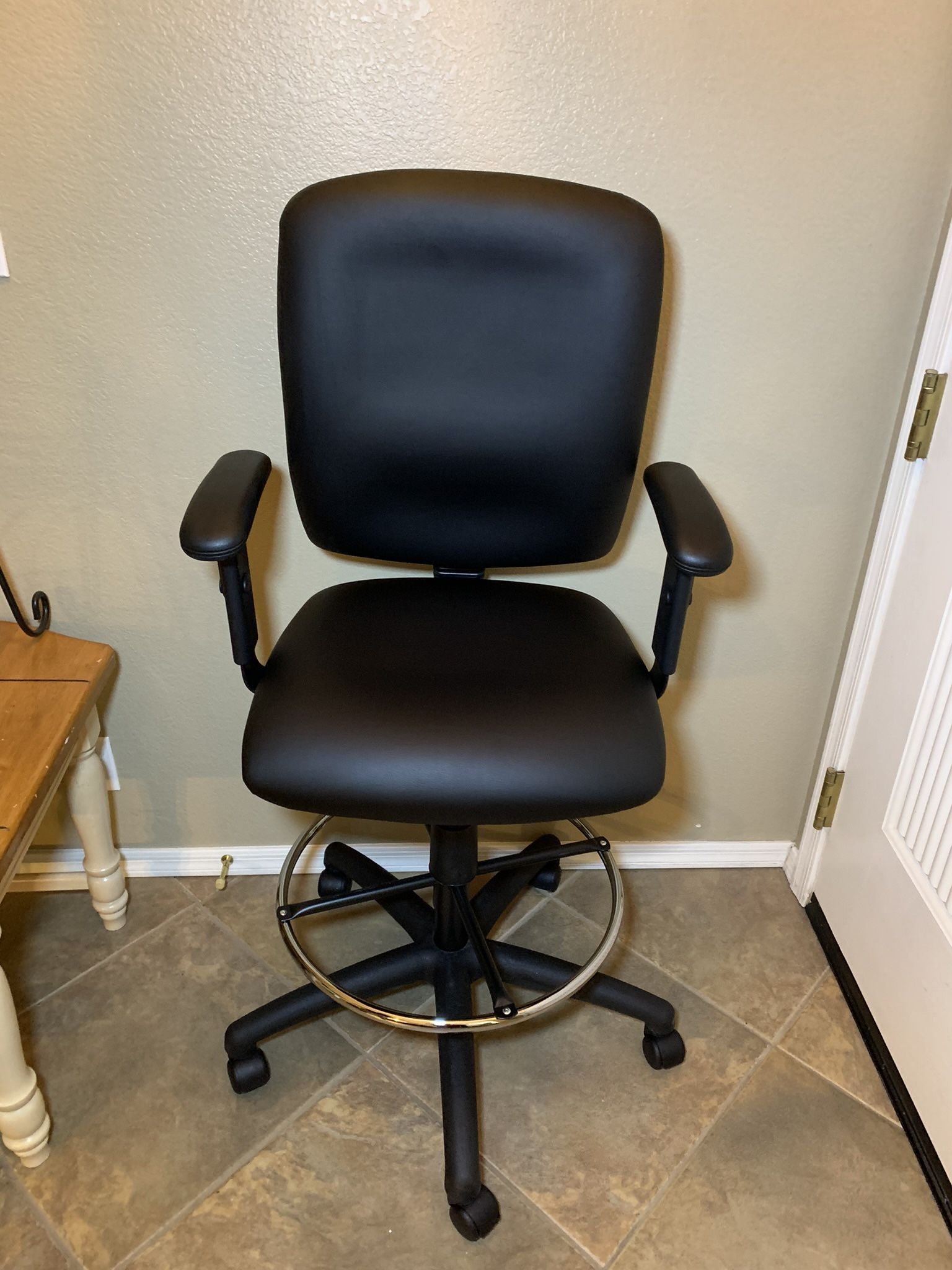 Boss Office Products Multi-Function LeatherPlus Drafting Stool with Adjustable Arms in Black