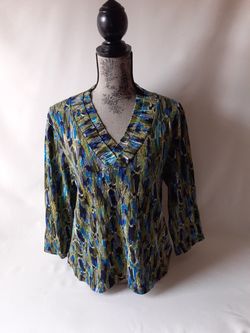 Refaella women's green/blue v-neck long-sleeve top size PL