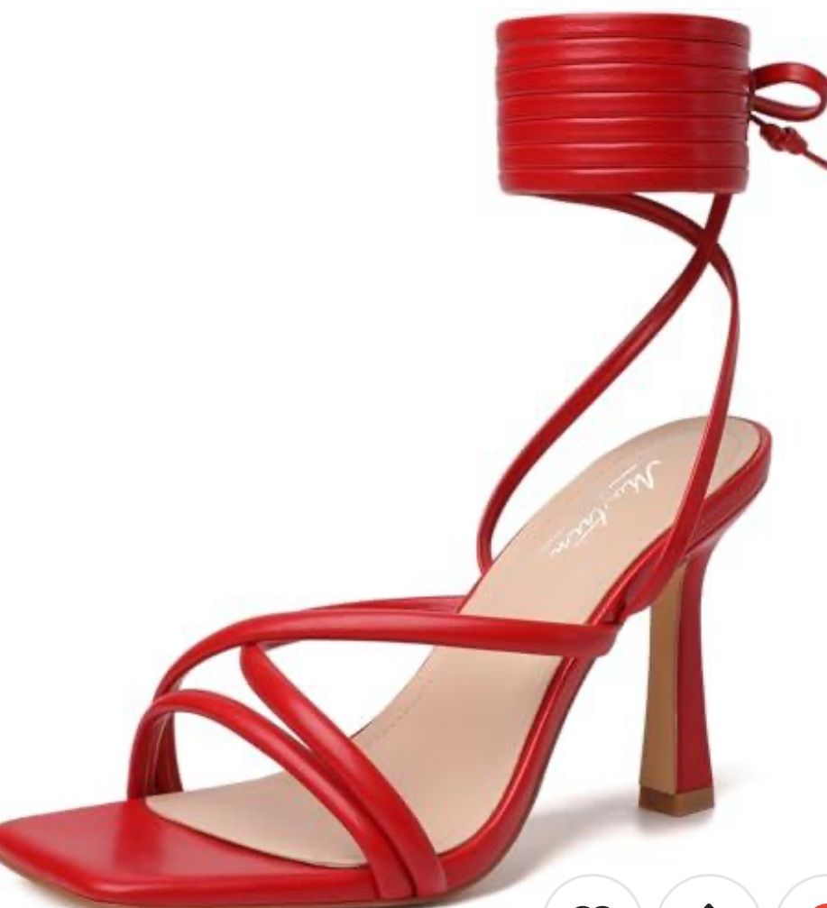 Mostrin Red Strappy Heels for Women Lace Up Heels Sexy Tie Up Stiletto Heeled Sandals Square Open Toe High Heels for Prom, Party and Weddings Size 10