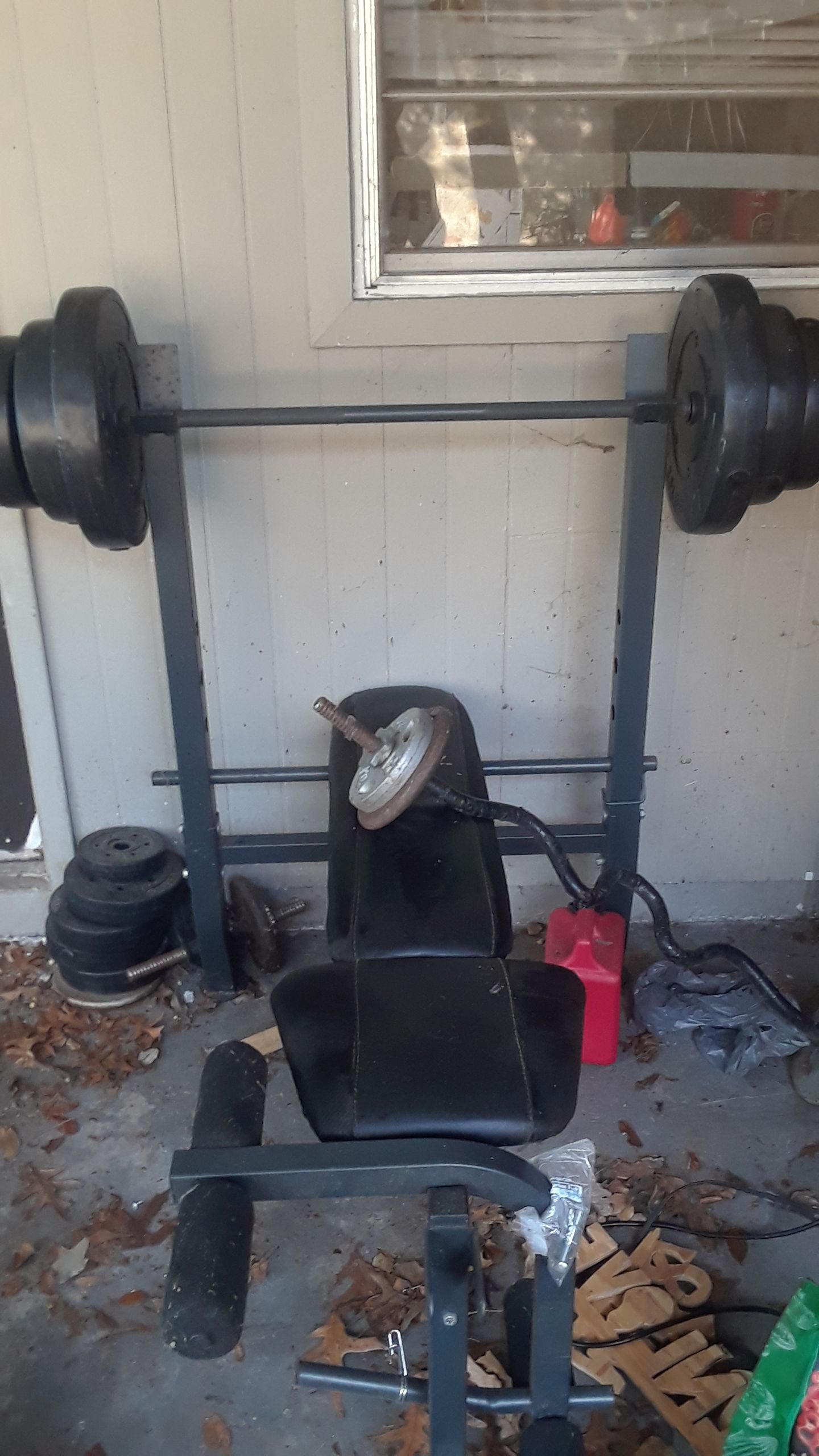 weight bench,bar,curl bar,and some weights