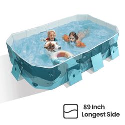 Foldable Swimming Pool, Inflatable-Free & Durable with Triangle Support, Family Pets Kiddie Pool for Backyard, 89'' Green Rectangle