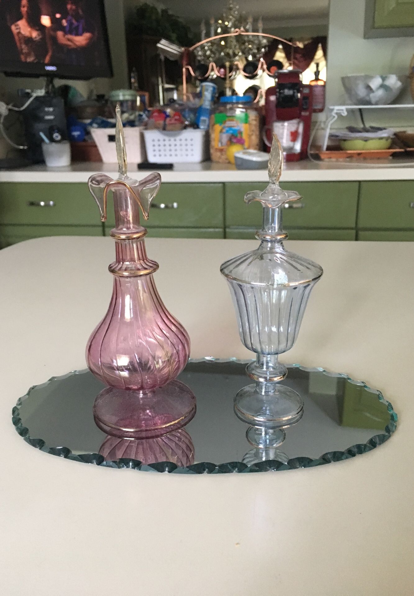Perfume bottles and mirror tray