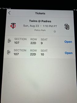 2 PADRES/ TWINS TICKETS, SUNDAY 8/23, SEC 107, ROW 22D