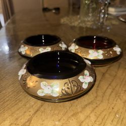 Vintage Bohemian Hand-Painted Cobalt & Ruby Glass Ashtrays – Gold Luster Floral (Set of 3)