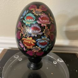 Vintage Russian Solid Wood Hand Painted Egg on Stand 4”