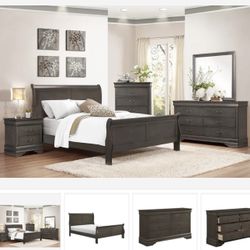 Mayville Stained Gray Sleigh Bedroom Set ( Queen, king, twin, full bedroom set - bed frame- tall dresser, nightstand and chest, mattress options