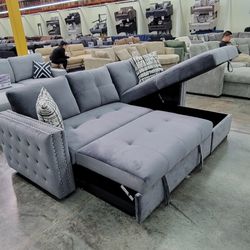 ✅️✅️2 pc grey velvet sectional sofa set pull out sleep area with reversible pop up storage chaise nail head trim tufted accents✅️
