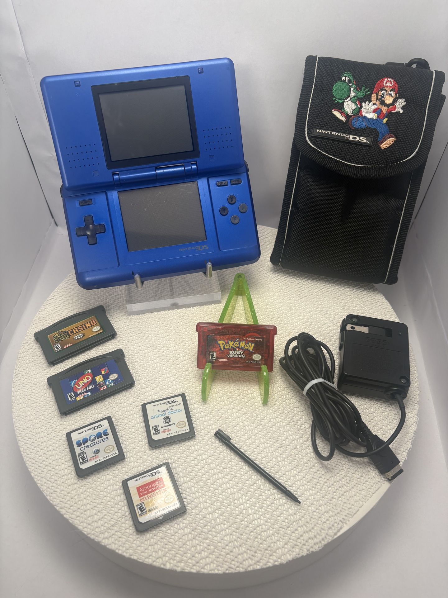 Nintendo DS Bundle – Blue NTR-001 + Authentic Pokémon Ruby + Charger, Case & 6 Games