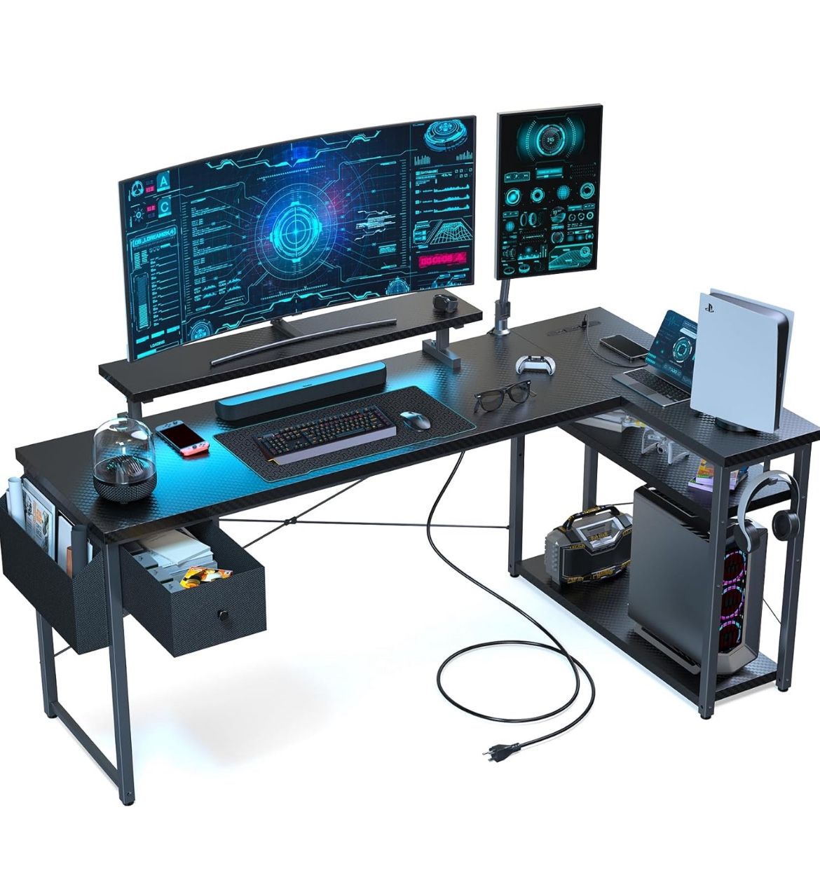 L Shaped Gaming Desk, 63 Inch Computer Desk with Adjustable Stand & RGB Lights, Corner Desk for Power Outlet
