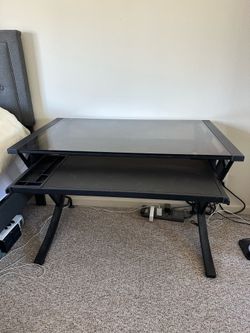 (Desk + Chair) Glass & Steel Computer Desk w/ Pull-Out Tray + Reclining Chair