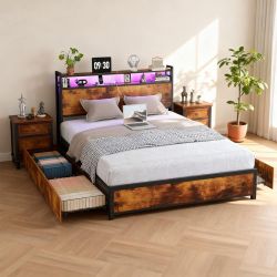 Industrial Bed Frame with LED Headboard and Storage Drawers