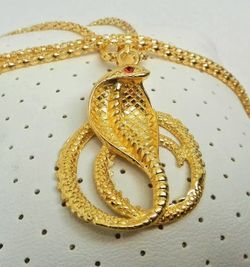 New Gold Tone Cobra Snake Reptile Pendant With 24" Chain Necklace Faux Ruby Eye