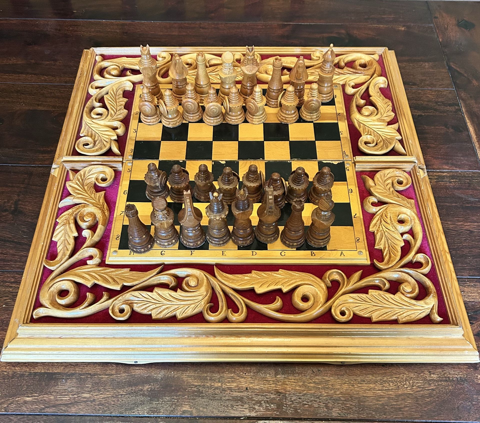 Ornate wooden chess set