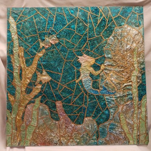 Large 32"x 32" Mixed Media Painting Resin Art Mermaid Aquatic Marine Reef Signed Fish Sea Siren Underwater Ocean Mythical Coastal 003