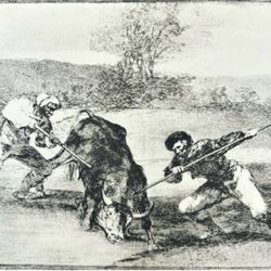 SPANIARDS HUNTED BULLS ON FOOT Original Antique Vintage Fine Art GOYA Print 60’s of Etching Spain Printed Collectible Ephemera