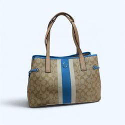 Coach Tan And Blue Signature Stripe Large Carryall Tote Bag