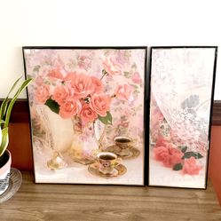 Vintage Floral Tea Cup Teapot 90’s Framed Art Pair Coquette Victorian Wall Art