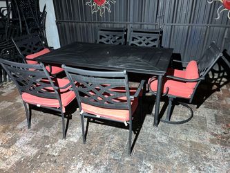 Hampton Bay Metal Rectangle Outdoor Patio Table w/ 6 Metal Chairs & Cushions