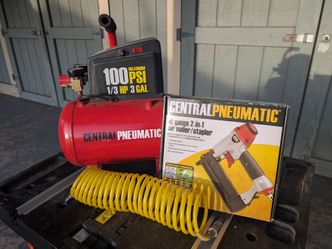 3 gallon air compressor + hose + gun + manuals. Full kit, works