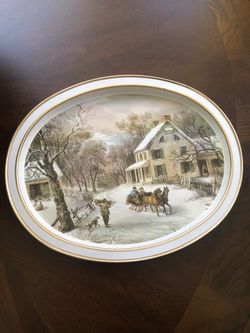 Vintage Currier & Ives Metal Serving Oval Tray