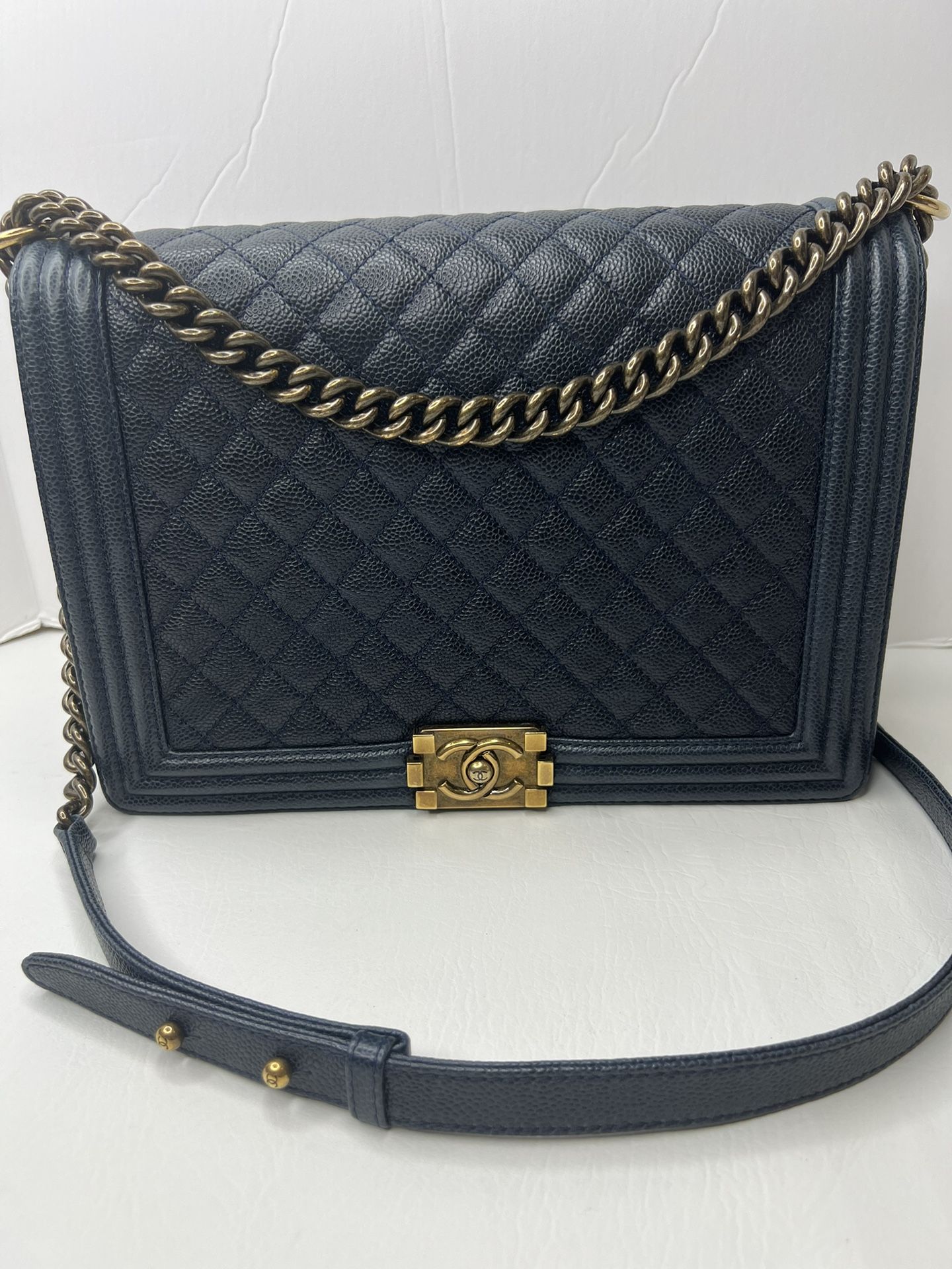 Chanel Boy Flap Bag Maxi Large Quilted Navy Blue Caviar