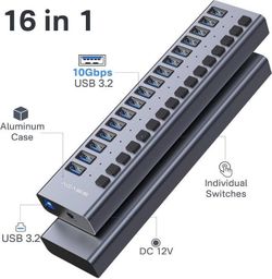 Powered USB 3.2 Hub, ACASIS 16 Ports USB 3.2 Hub with 10Gbps Data Speed Aluminum Housing
